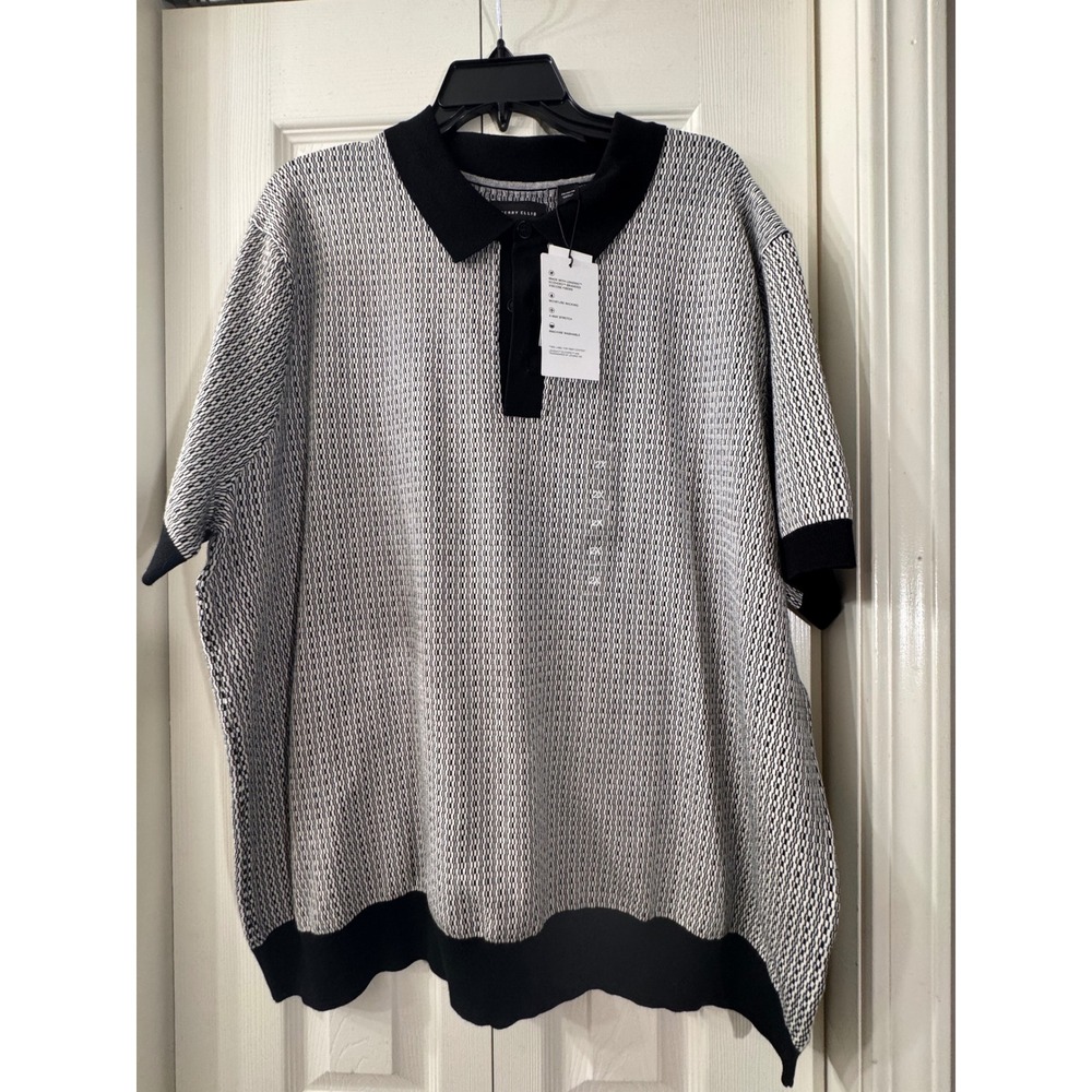 Perry Ellis Mens 2XL Black White Textured Knit Polo Shirt Moisture Wicking NWT
